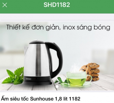 Ấm siêu tốc Sunhouse 1,8 lit 1182